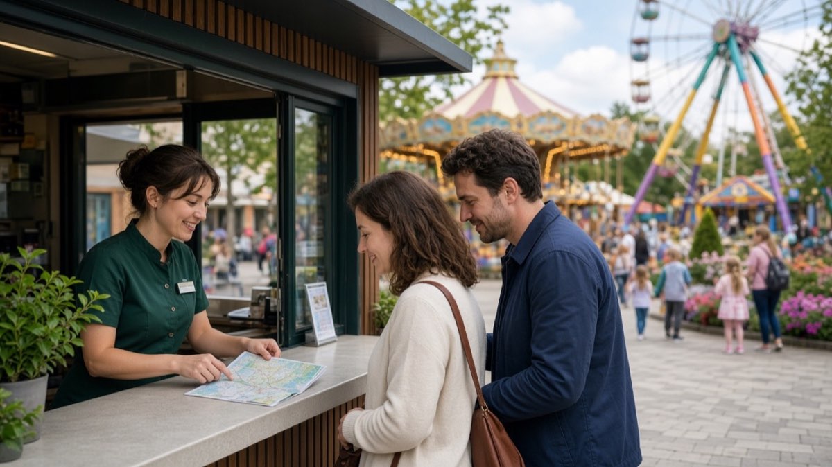 Guest services helping visitors with a park map at Ultimate Gaming Spot