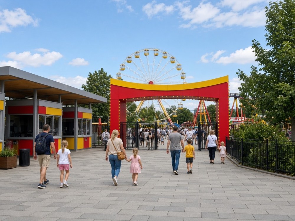 Park entrance plaza with ticket booths and ferris wheel beyond the gates
