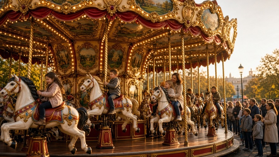 Family carousel with painted horses at Ultimate Gaming Spot