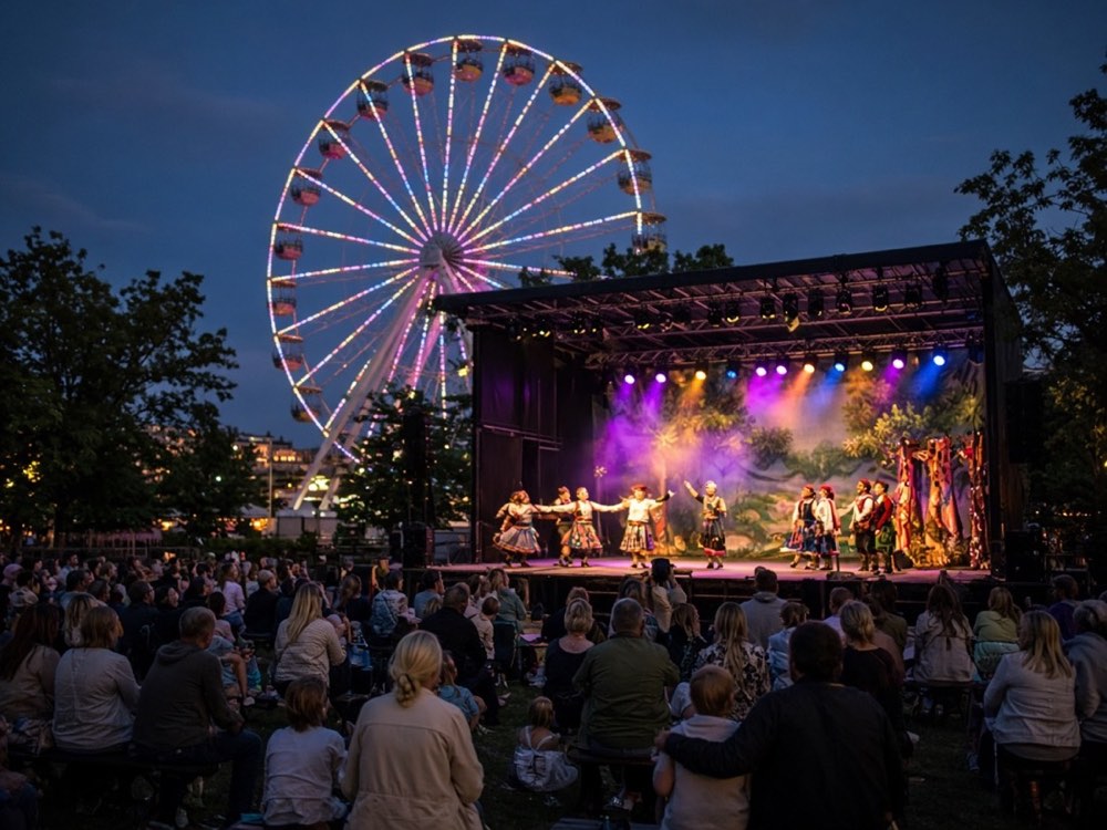 Evening outdoor stage show with ferris wheel lights in the background