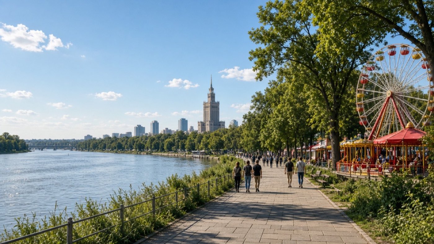 Ultimate Gaming Spot amusement park along the Warsaw skyline