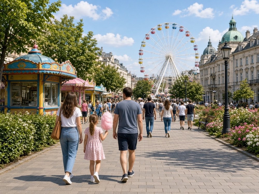 Families walking through the amusement park promenade in Warsaw